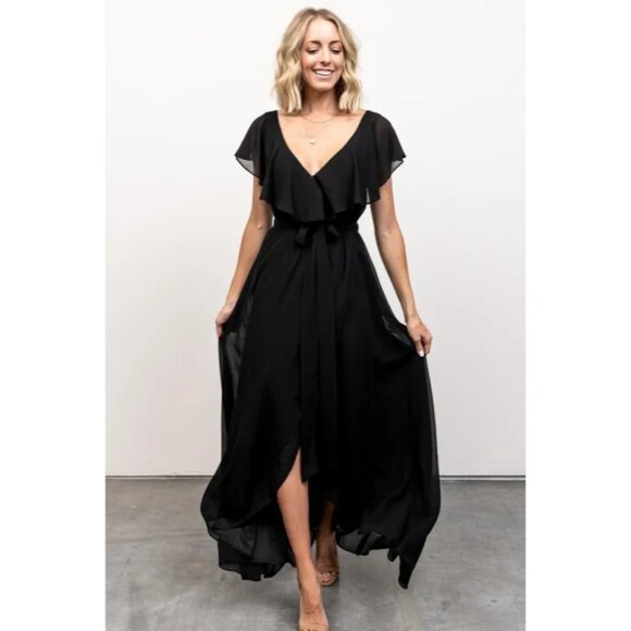 Baltic Born Katya Ruffle Maxi Dress Black Chiffon Faux Wrap V-Neck Women’s XL - Picture 1 of 14